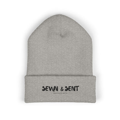 Embroidered "Sewn & Sent" Classic Cuffed Beanie — Cozy Knit Hat for Crafters
