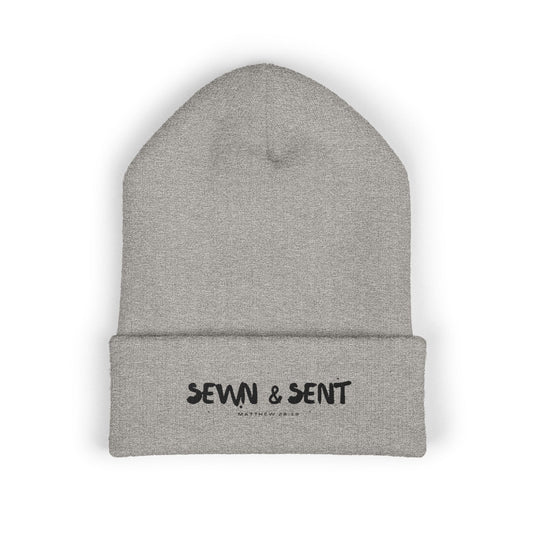 Embroidered "Sewn & Sent" Classic Cuffed Beanie — Cozy Knit Hat for Crafters