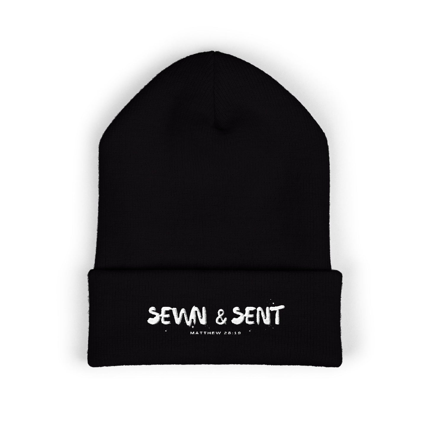 Sewn & Sent Embroidered Cuffed Beanie — Cozy Black Knit Hat for Makers
