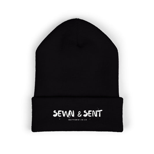 Sewn & Sent Embroidered Cuffed Beanie — Cozy Black Knit Hat for Makers